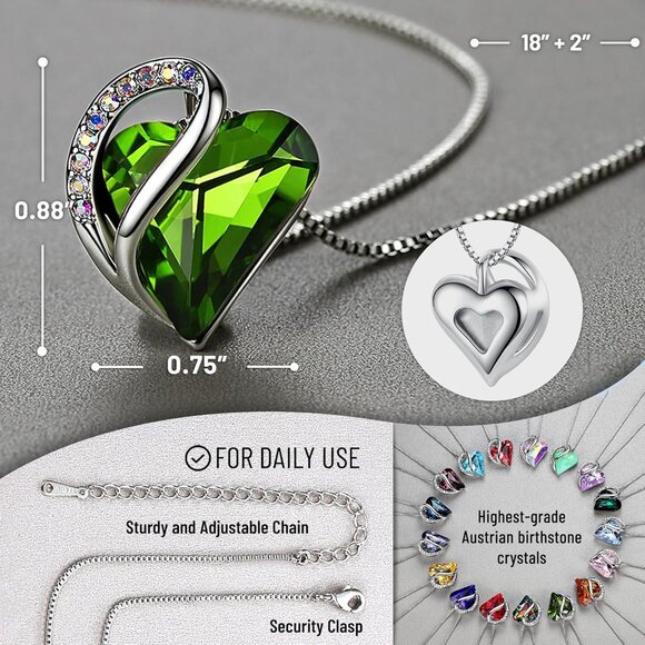 Infinity Love Birthstone Heart Pendant Peridot Green Necklace Women Mom Silver - Picture 3 of 8